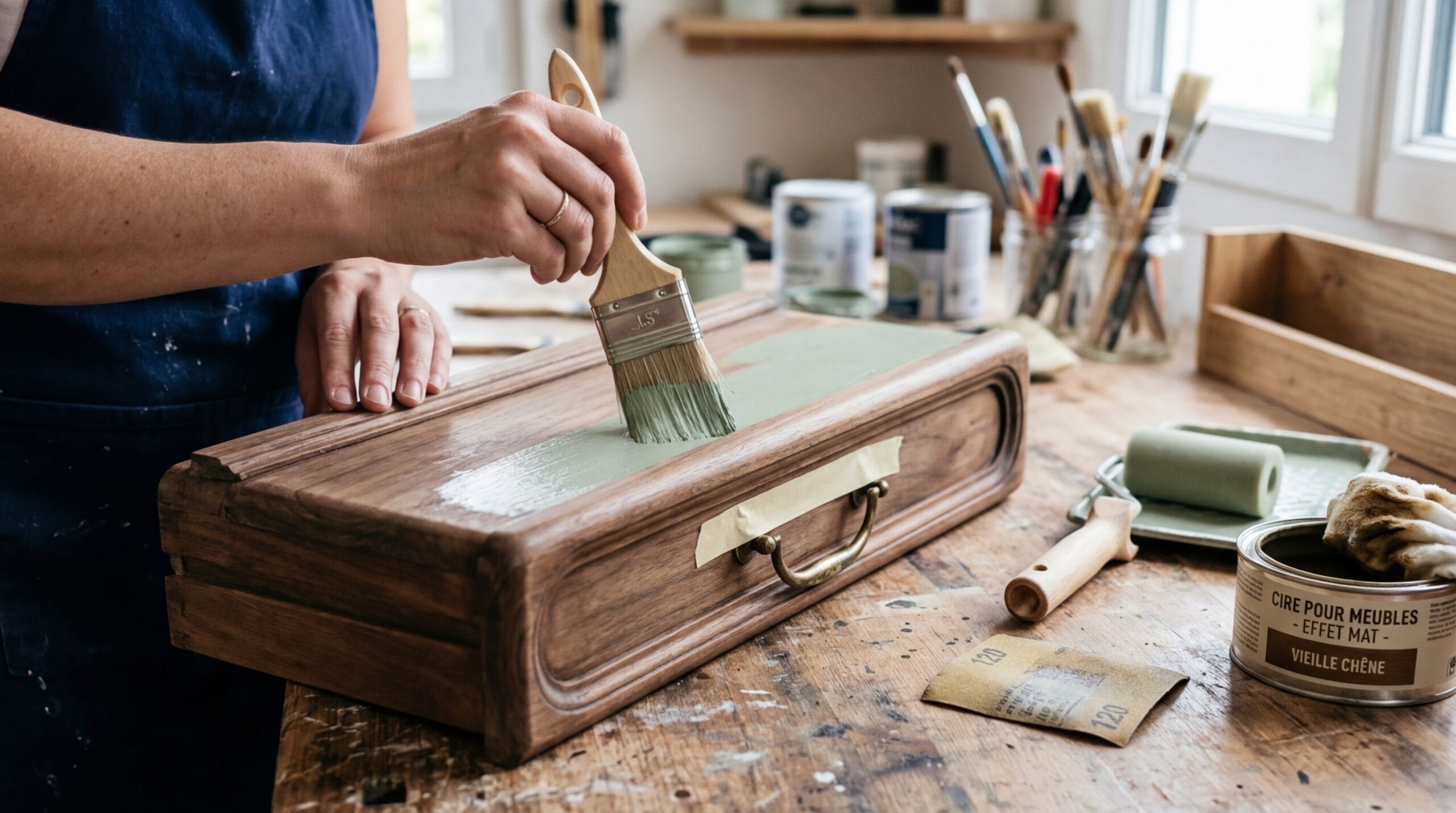 Mains appliquant de la peinture craie sur un tiroir en bois style Louis Philippe avec un pinceau plat Mains appliquant de la peinture craie sur un tiroir en bois style Louis Philippe avec un pinceau plat