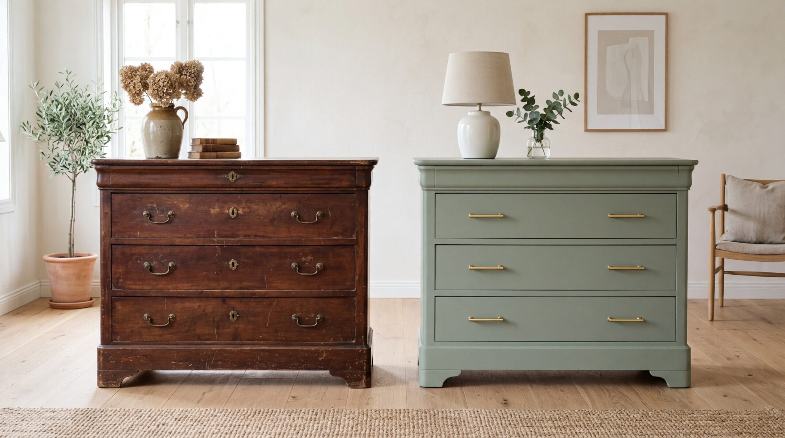 Commode Louis Philippe avant-après, version sombre rénovée en vert sauge mat avec poignées dorées Commode Louis Philippe avant-après, version sombre rénovée en vert sauge mat avec poignées dorées