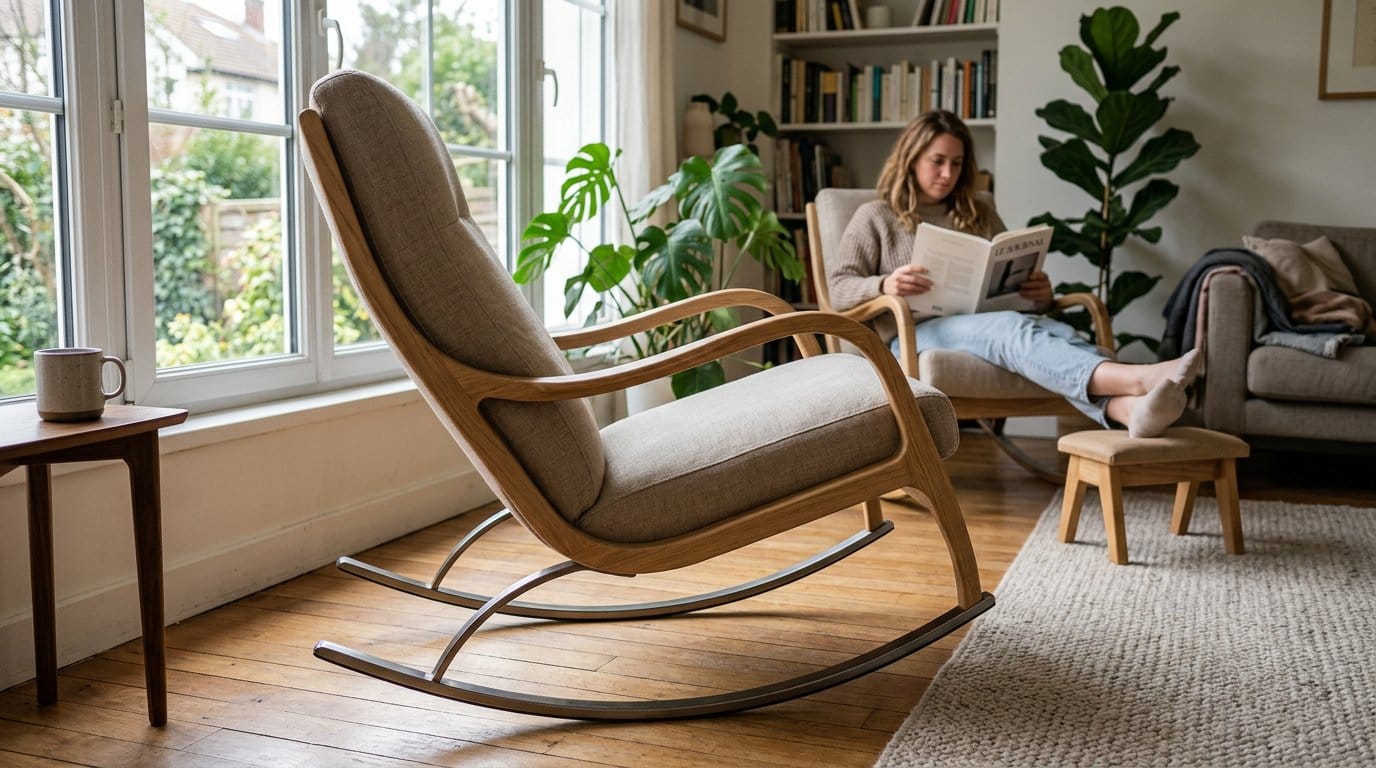 Fauteuil à bascule en bois massif moderne et double arc en acier Fauteuil à bascule en bois massif moderne et double arc en acier