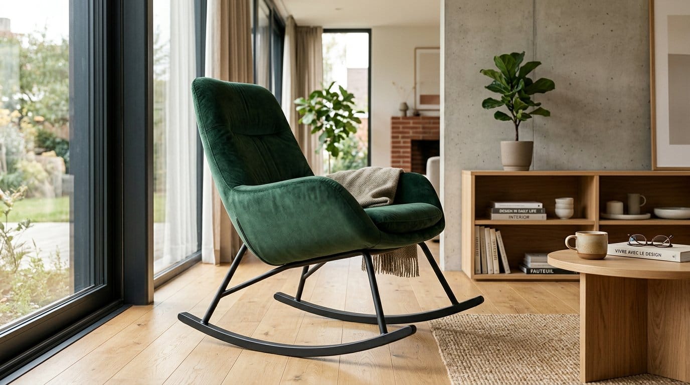 Fauteuil à bascule moderne en velours sobre avec piètement en métal noir mat Fauteuil à bascule moderne en velours sobre avec piètement en métal noir mat