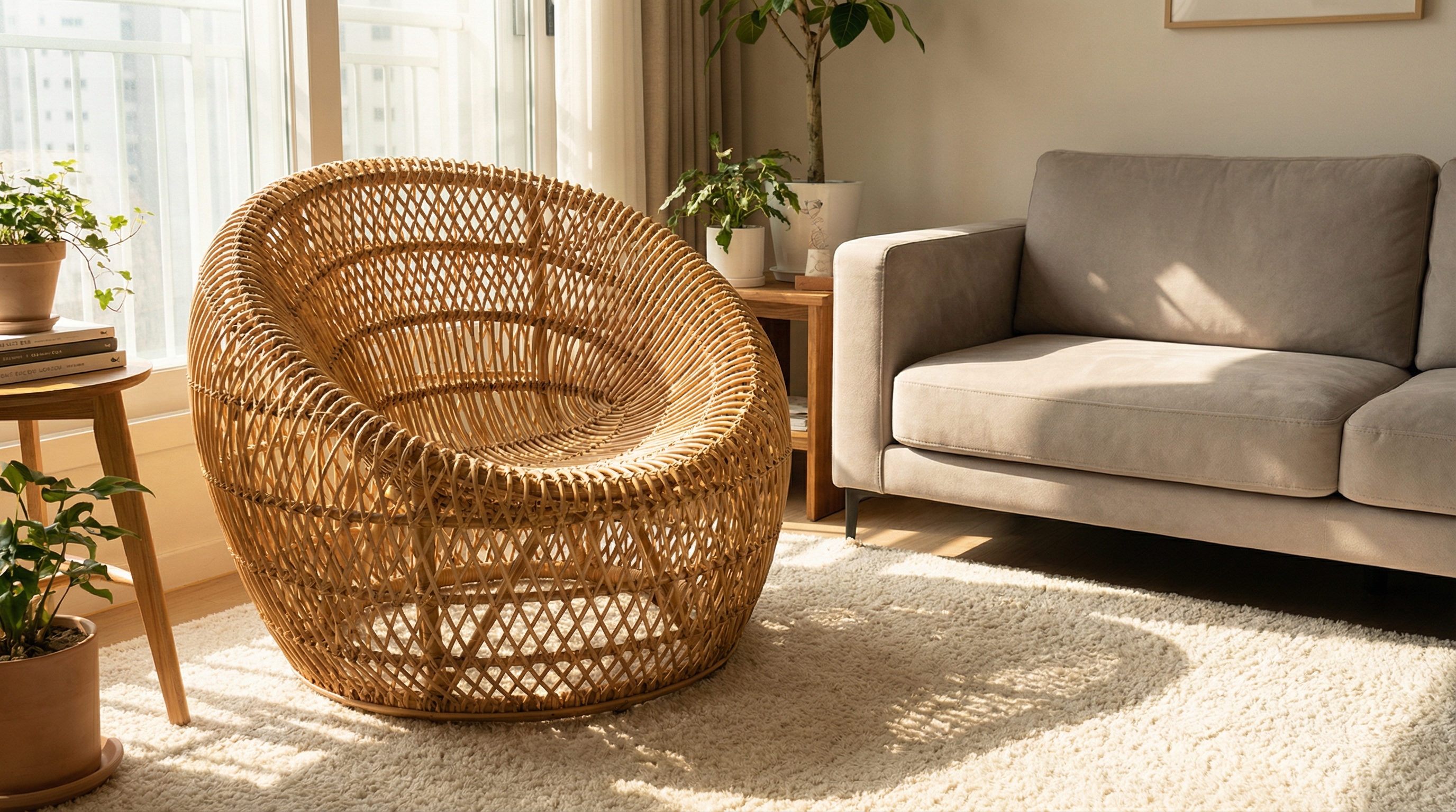Fauteuil tressé dans un salon, pieds sur le tapis. Fauteuil tressé ancré visuellement dans un salon avec tapis.