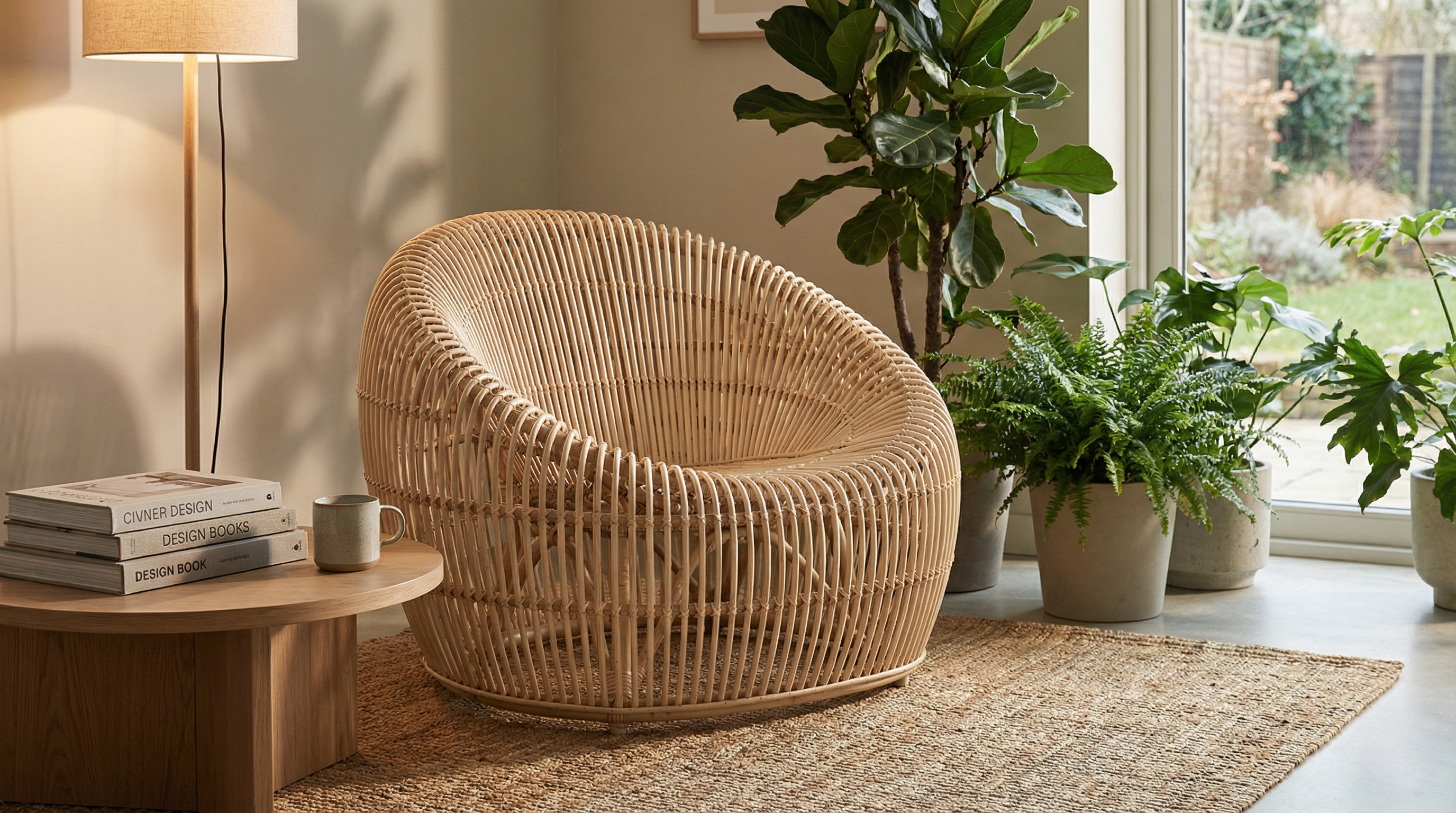 Fauteuil tressé élégant pour espace détente. Fauteuil tressé élégant intégré dans un espace détente.