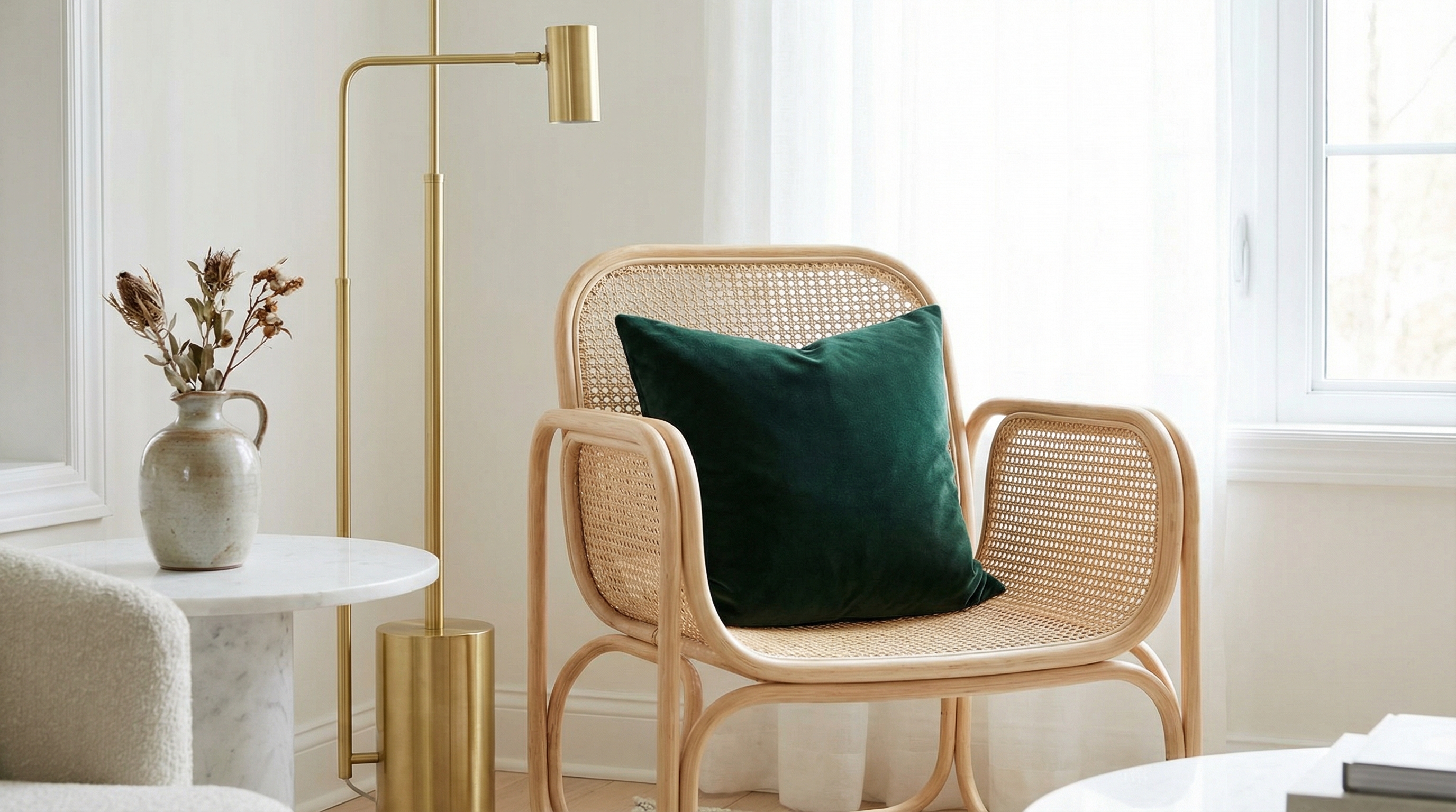 Fauteuil tressé en cannage pour un espace détente Fauteuil tressé en cannage raffiné dans un salon lumineux.