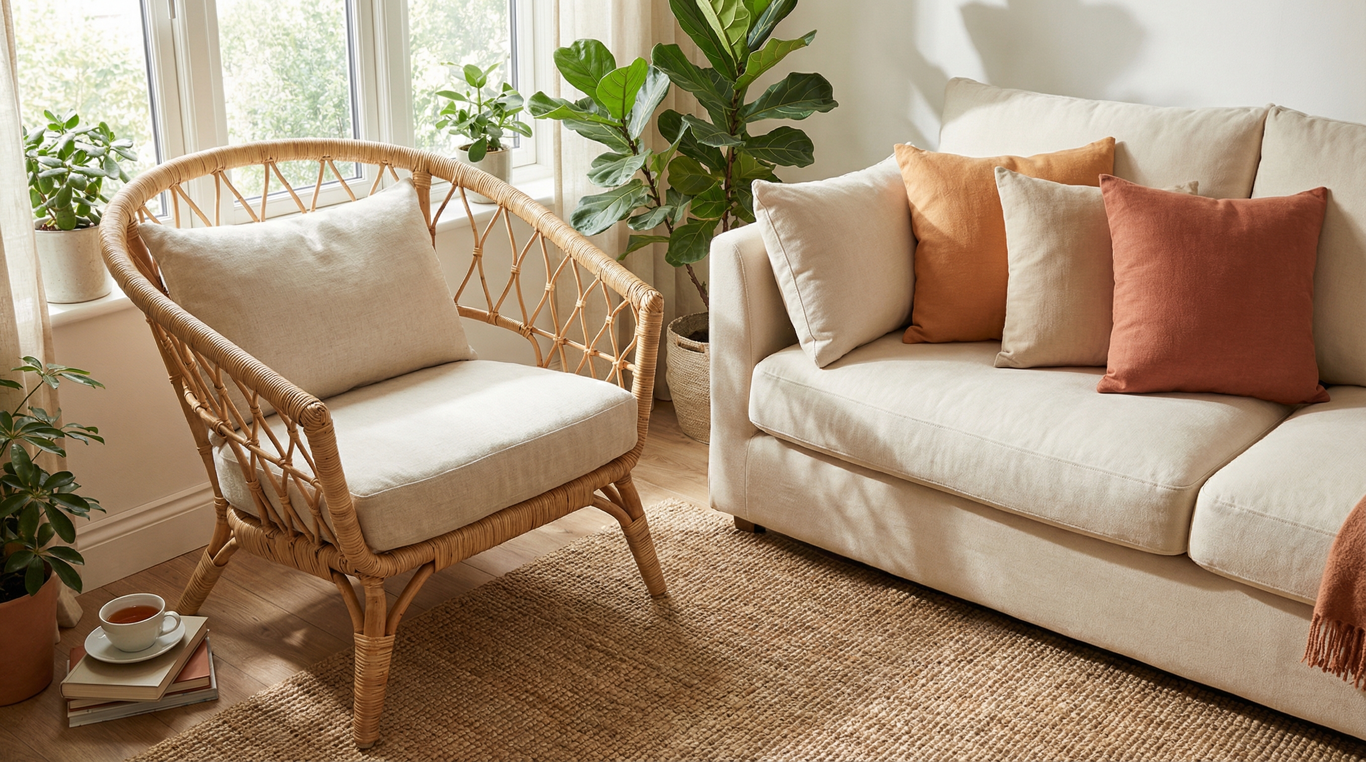 Fauteuil tressé en rotin décoré de coussins écru et terracotta Fauteuil tressé en rotin décoré de coussins écru et terracotta.
