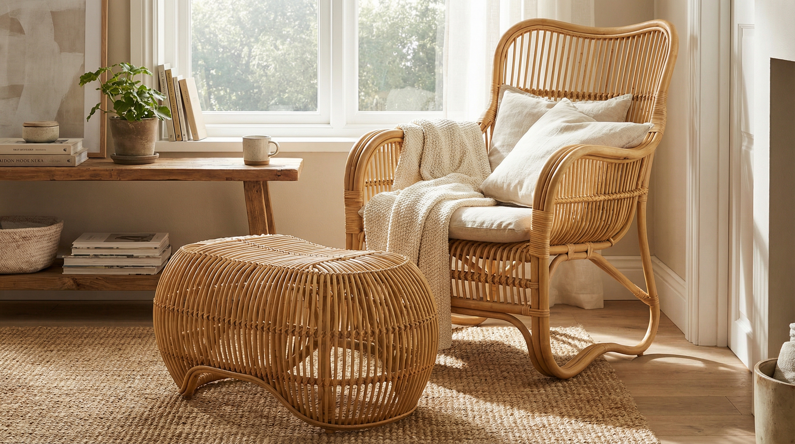 Fauteuil tressé avec pouf assorti en salon Fauteuil tressé et pouf assorti pour espace détente.