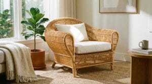 Fauteuil tressé moderne parfaitement intégré dans un salon lumineux.