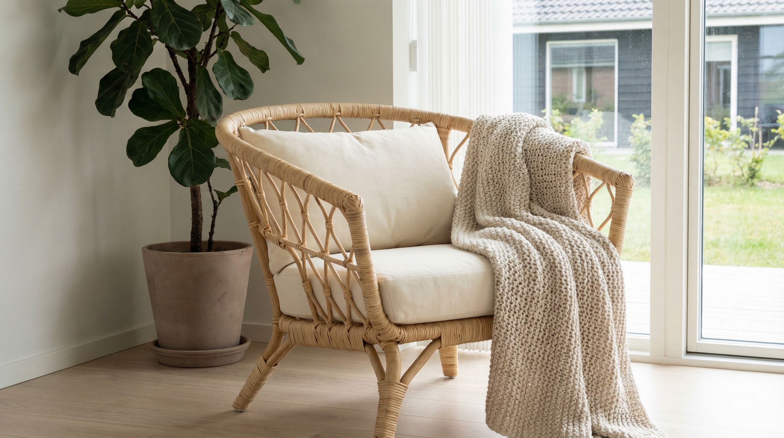 Fauteuil tressé scandinave en rotin pour salon Fauteuil tressé scandinave clair dans un salon apaisant.