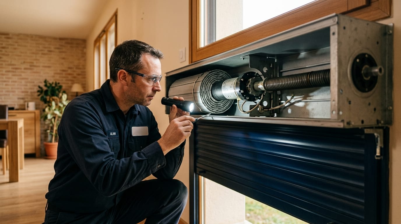 Technicien inspectant le mécanisme intérieur d'un coffre de volet roulant ouvert Technicien inspectant le mécanisme intérieur d'un coffre de volet roulant ouvert