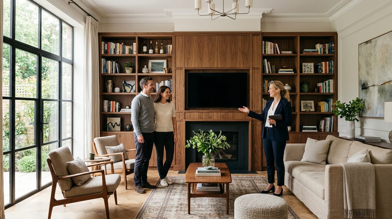 Couple et agent immobilier admirant un salon avec bibliothèques sur mesure en noyer Couple et agent immobilier admirant un salon avec bibliothèques sur mesure en noyer