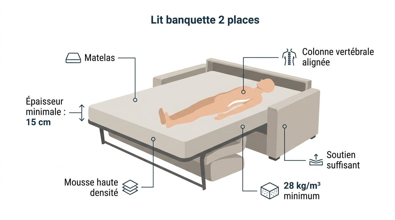 Lit banquette 2 places avec matelas épais et alignement de la colonne vertébrale Lit banquette 2 places avec matelas épais et alignement de la colonne vertébrale