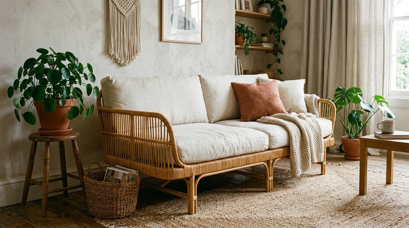 Lit banquette 2 places dans un salon moderne mais naturel (rotin, bambou, lin) Lit banquette 2 places dans un salon moderne mais naturel (rotin, bambou, lin)