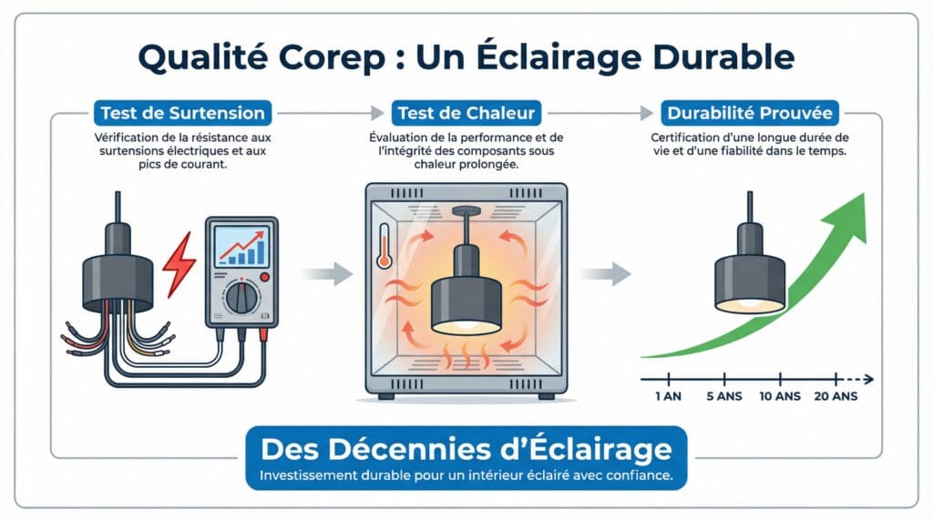 Luminaire Corep testé rigoureusement pour une durabilité exceptionnelle.
