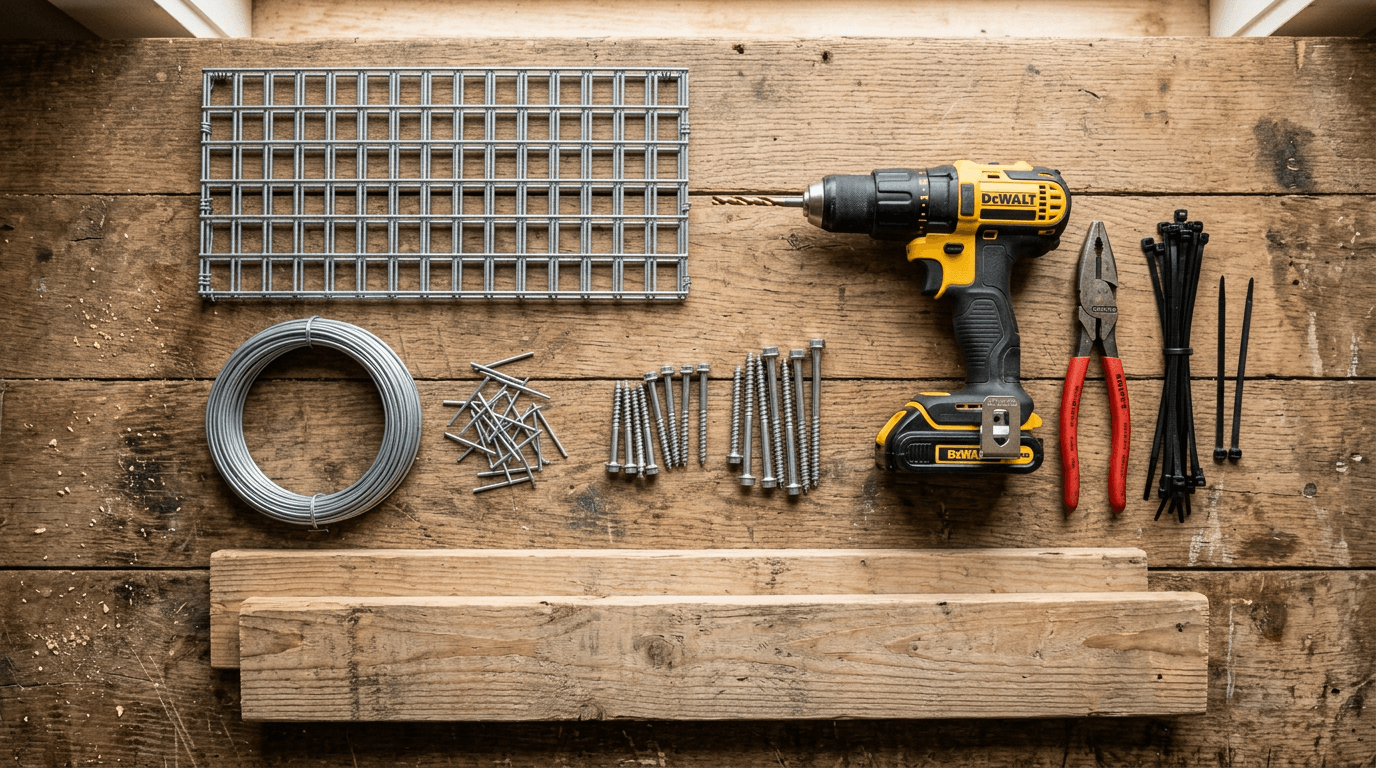 Les matériaux et outils pour fixer du bois sur un gabion Les matériaux et outils pour fixer du bois sur un gabion