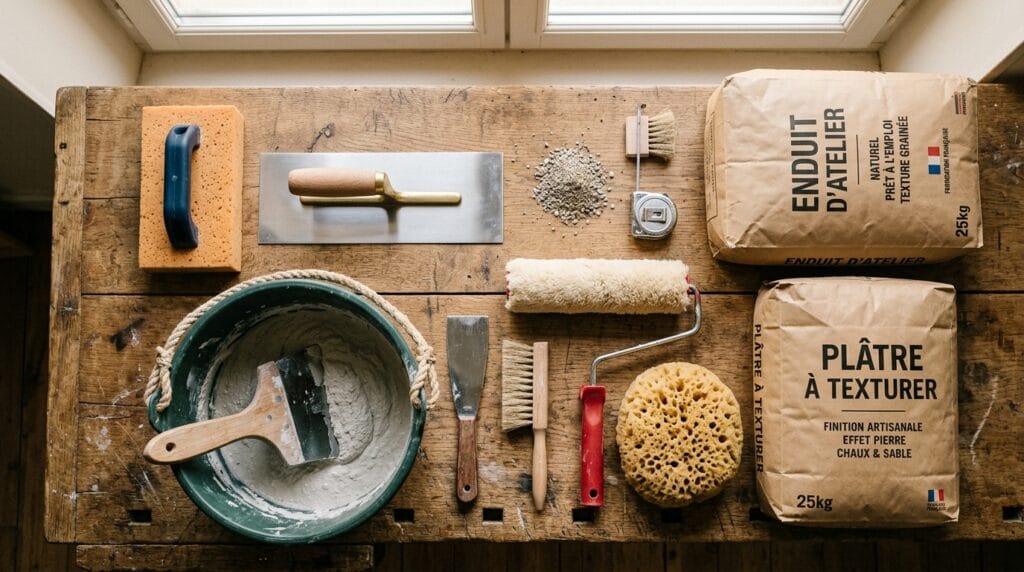 Outils et matériaux pour enduit imitation pierre disposés sur un établi en bois