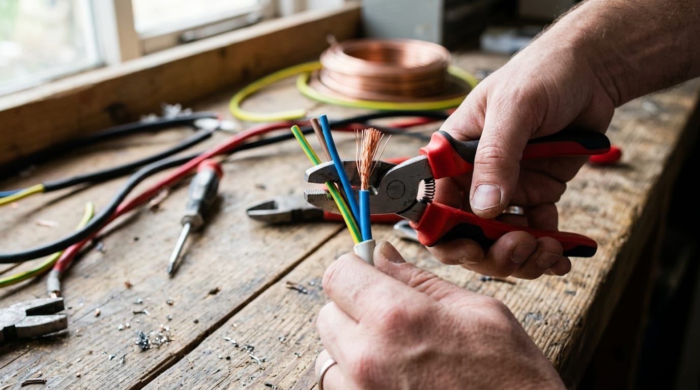 Mains dénudant des câbles électriques avec une pince à dénuder pour séparer le cuivre du plastique Mains dénudant des câbles électriques avec une pince à dénuder pour séparer le cuivre du plastique