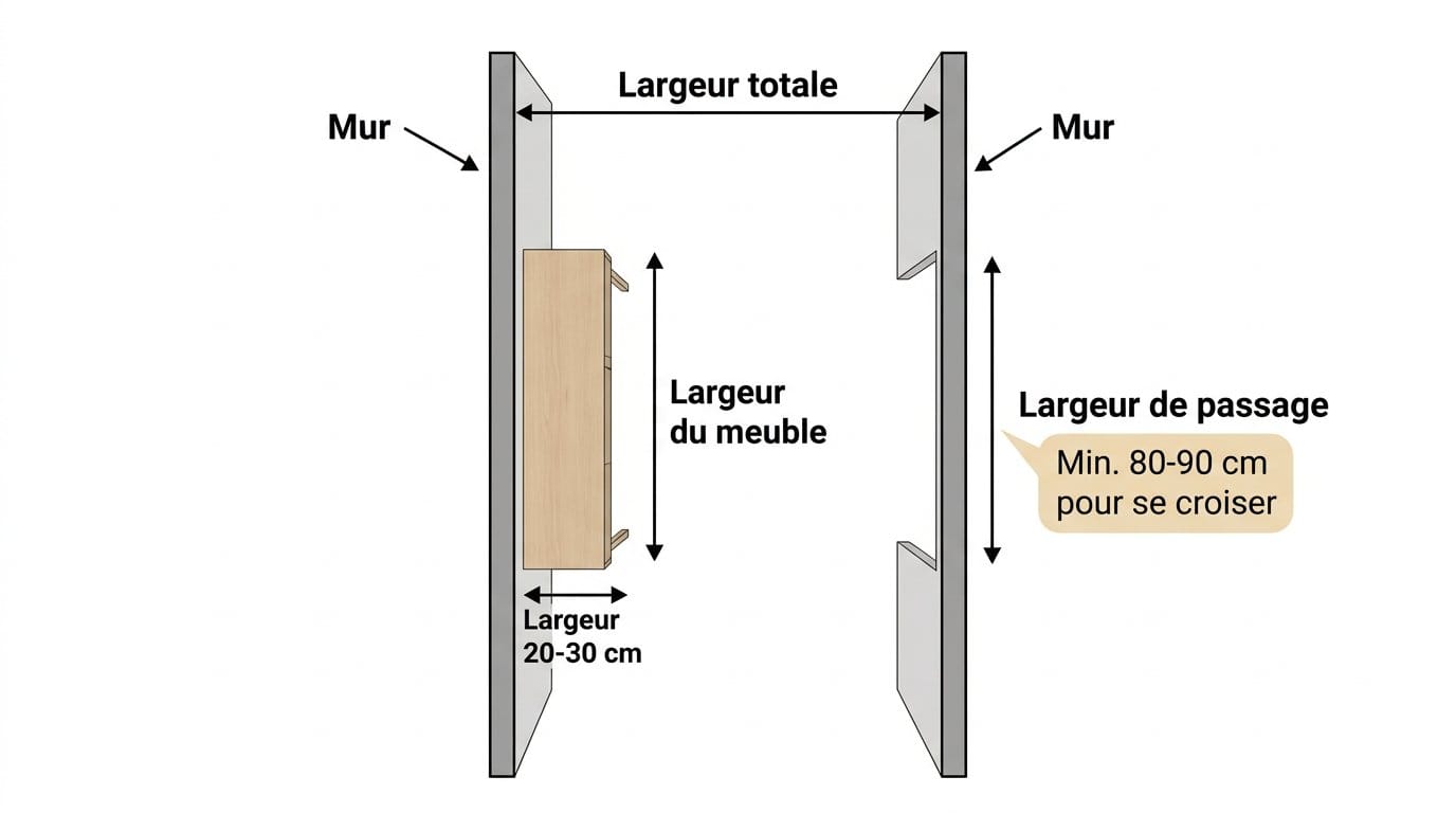 Meuble adapté pour couloir étroit avec mesures