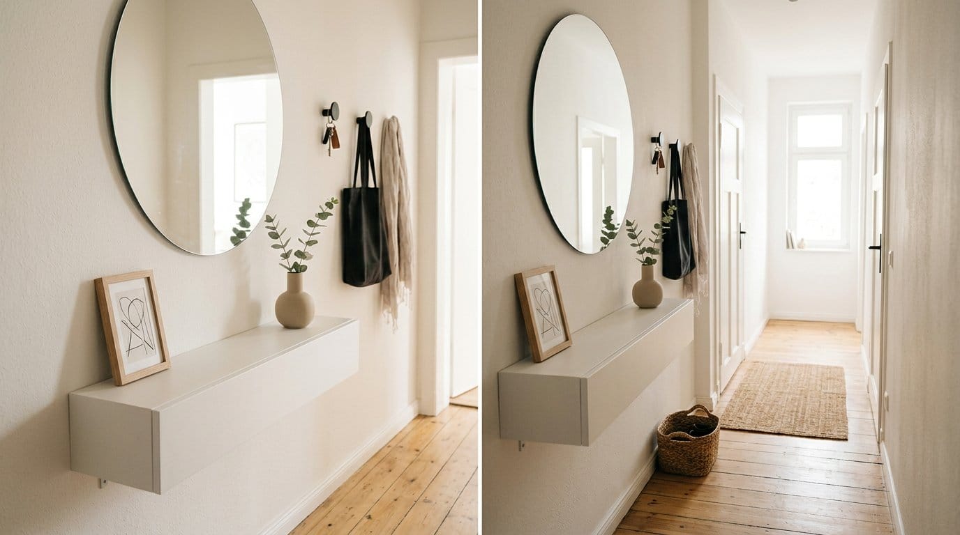 Meuble bas et miroir dans un couloir étroit