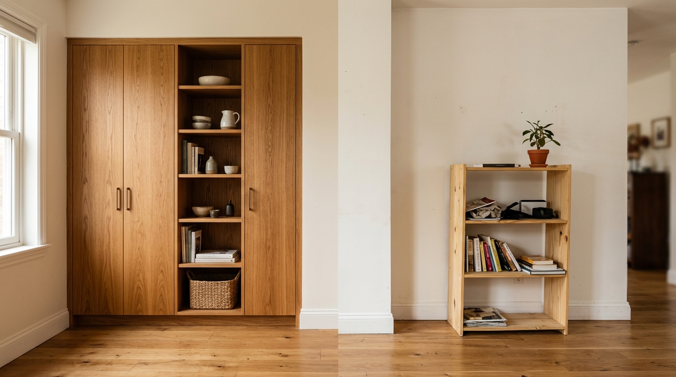 Meuble sur mesure intégré dans une alcôve comparé à une étagère standard mal ajustée Meuble sur mesure intégré dans une alcôve comparé à une étagère standard mal ajustée