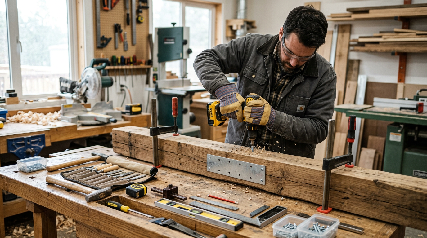 Charpentier équipé de gants vissant une plaque d'acier galvanisé sur une poutre en bois