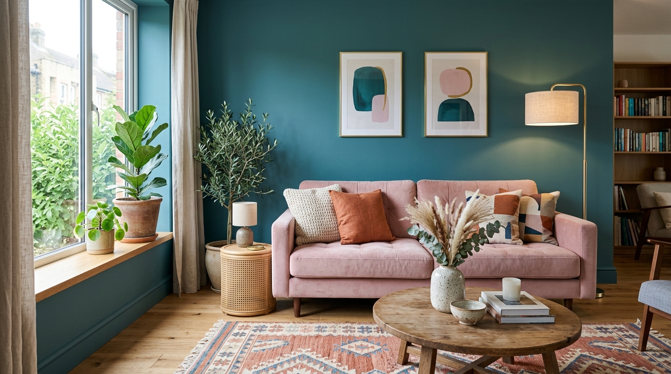 Murs, mobilier et accessoires déco bleu canard rose