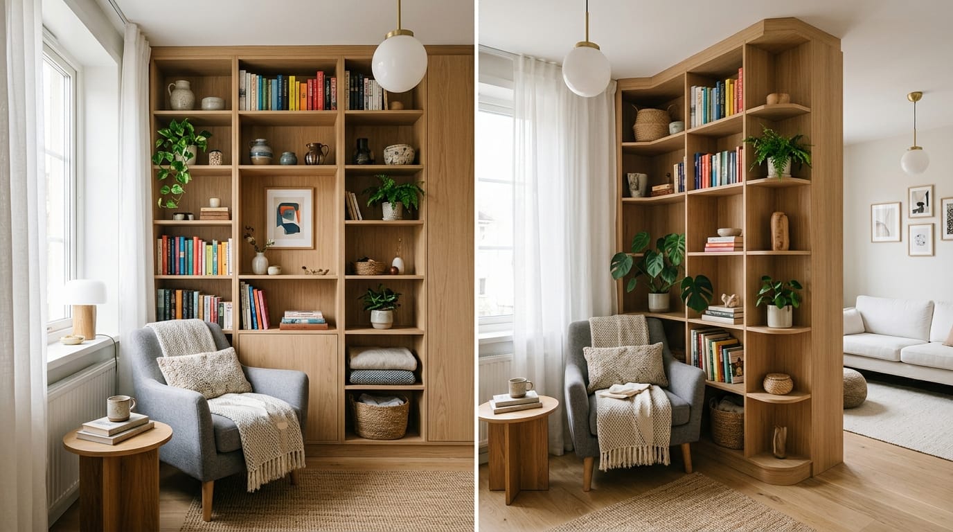 Bibliothèque sur mesure du sol au plafond dans un petit appartement scandinave Bibliothèque sur mesure du sol au plafond dans un petit appartement scandinave
