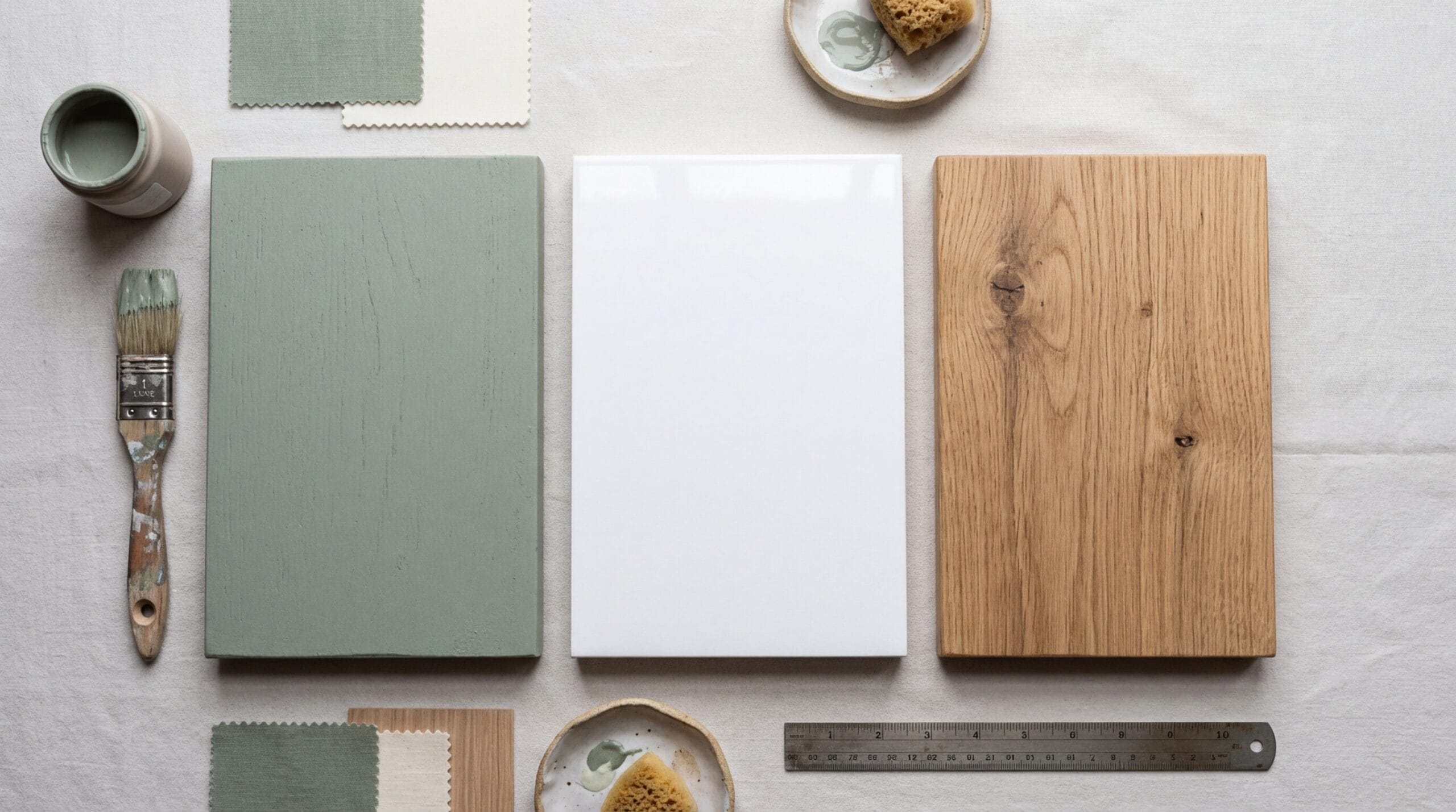 Trois échantillons de finitions meubles côte à côte peinture mate verte laque blanche et bois ciré Trois échantillons de finitions meubles côte à côte peinture mate verte laque blanche et bois ciré