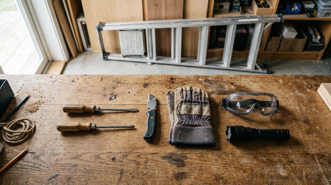 Outils de bricolage organisés sur un établi en bois avec gants et lunettes de protection Outils de bricolage organisés sur un établi en bois avec gants et lunettes de protection