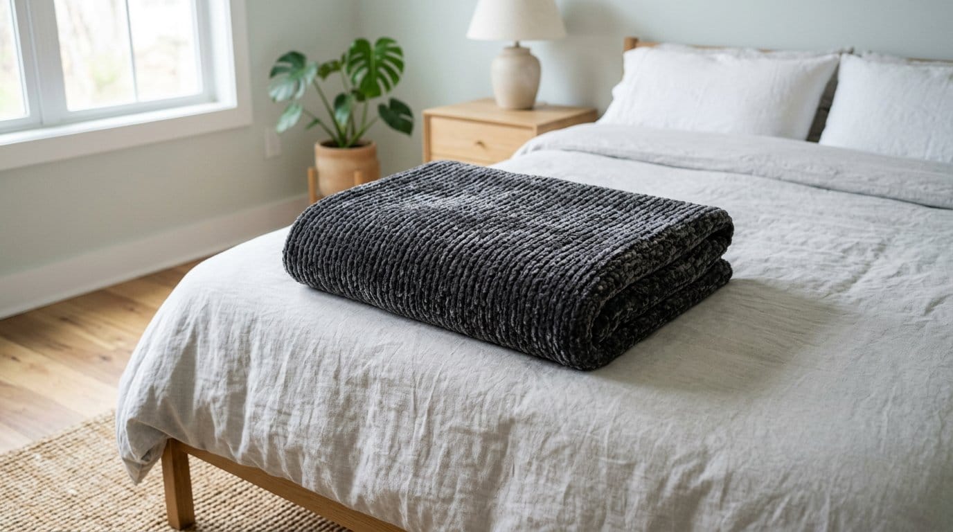 Plaid en laine chenille plié au pied du lit
