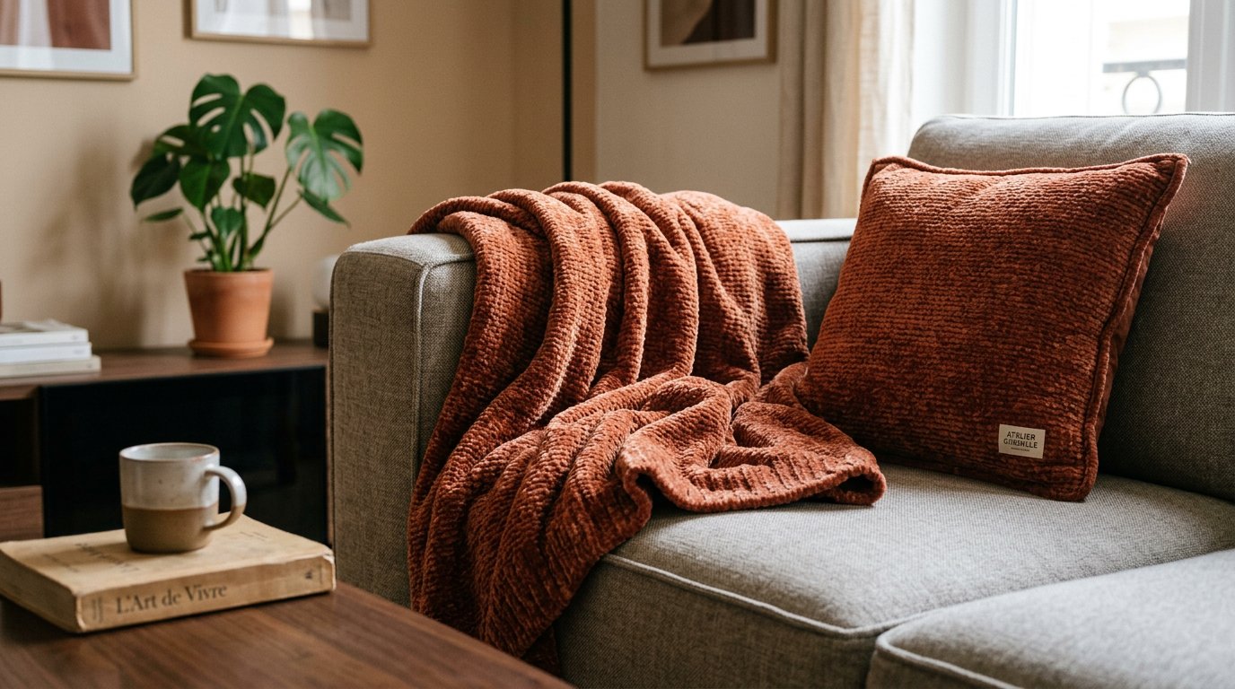 Plaid en laine chenille sur un canapé