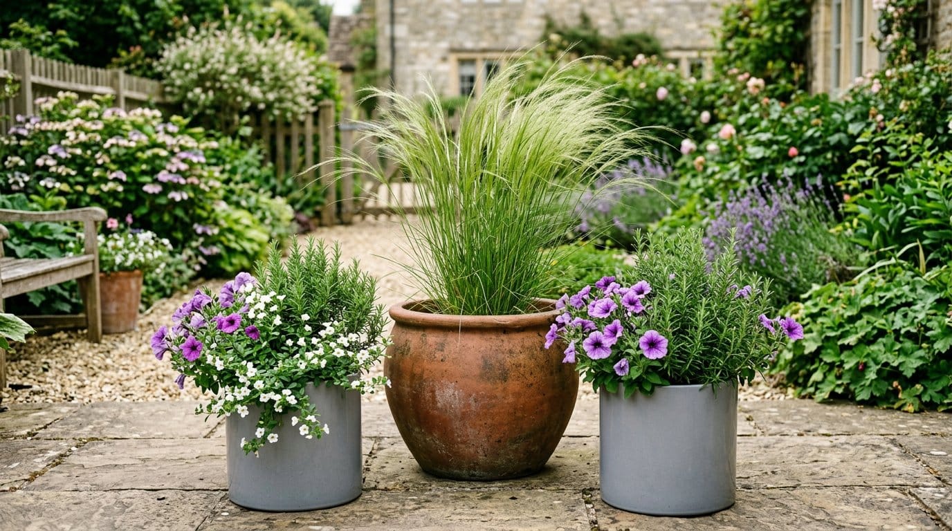 Pots de jardin variés avec plantes fleuries