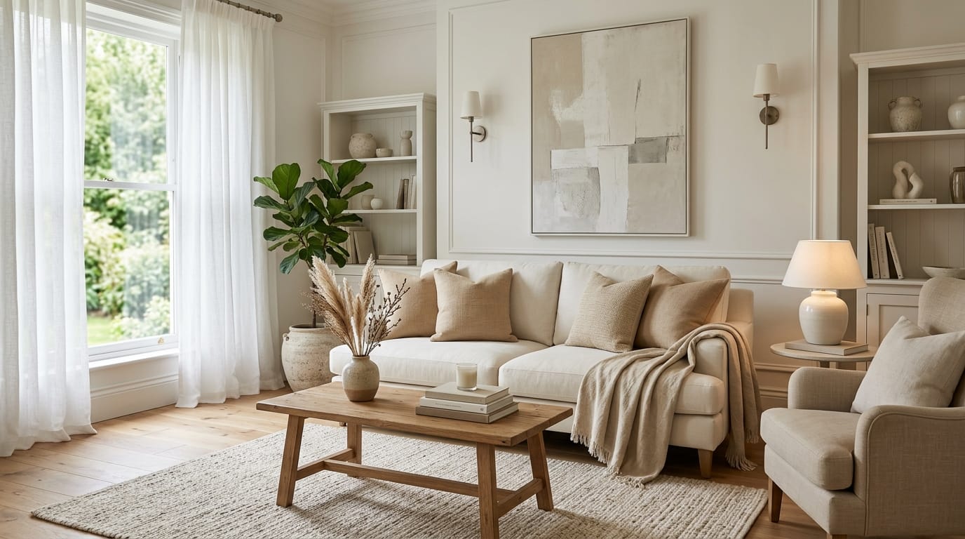 Salon lumineux aux tons beige et blanc avec canapé crème et coussins sable