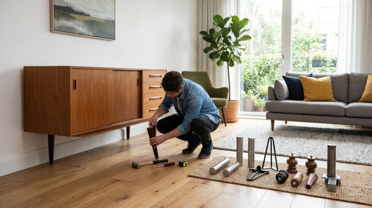 Pourquoi changer un pied de meuble pour améliorer sa déco ? Personne améliorant sa déco avec un pied de meuble dans un salon moderne lumineux
