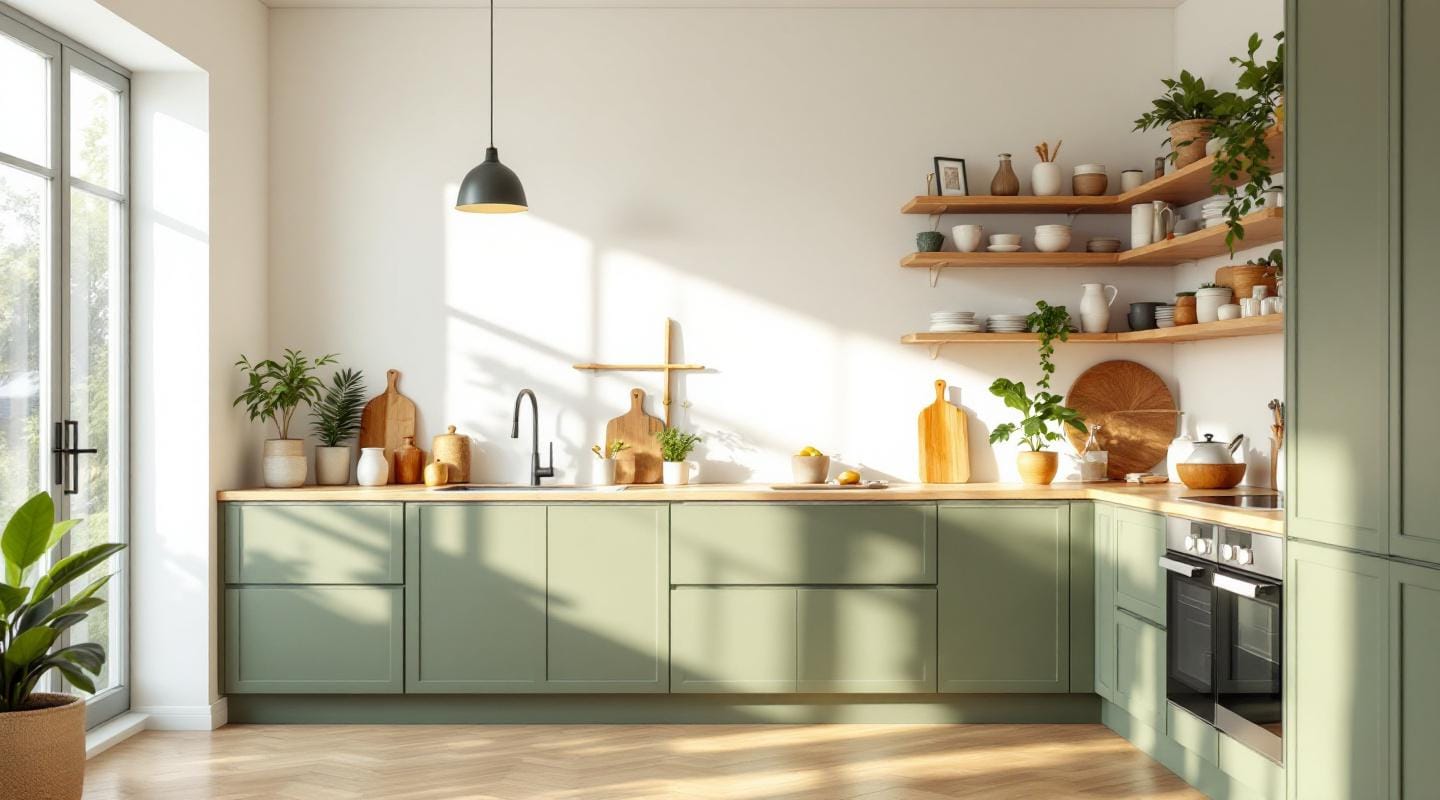 Cuisine moderne vert olive mat avec plans de travail en bois naturel Cuisine moderne vert olive mat avec plans de travail en bois naturel