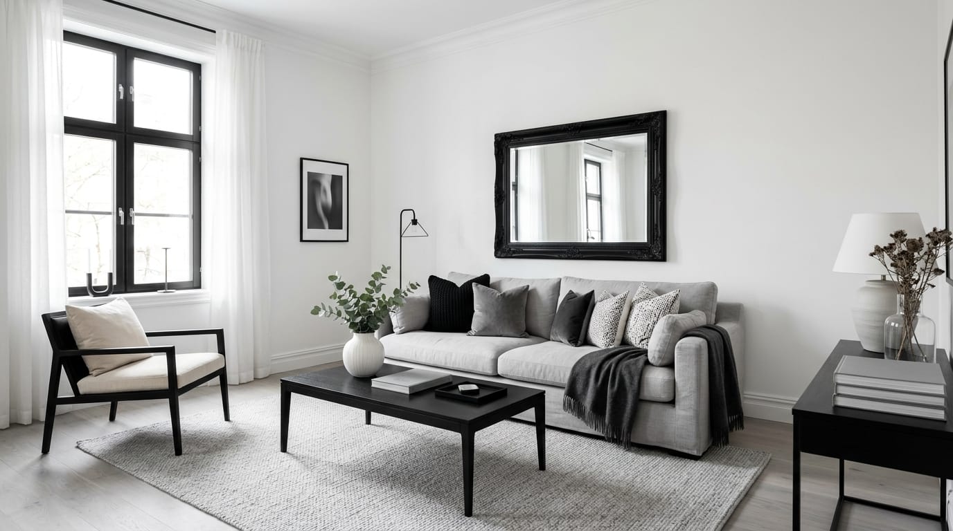 Salon minimaliste élégant en noir blanc et gris avec canapé gris clair Salon minimaliste élégant en noir blanc et gris avec canapé gris clair
