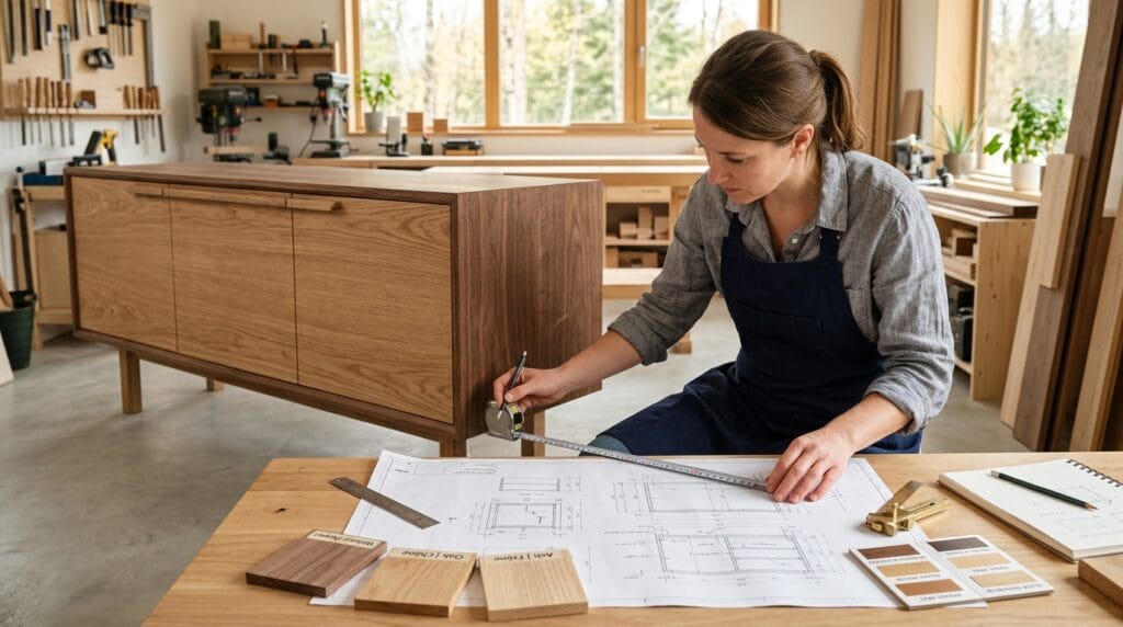 Pourquoi miser sur la conception de meubles sur mesure ? Artisan mesurant et concevant un meuble en bois sur mesure dans un atelier moderne