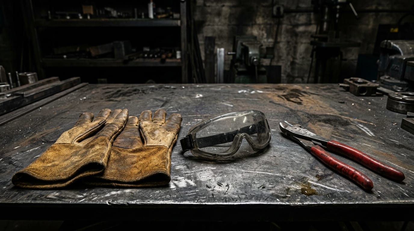 Gants en cuir épais, lunettes de protection et pince coupante sur établi métallique Gants en cuir épais, lunettes de protection et pince coupante sur établi métallique