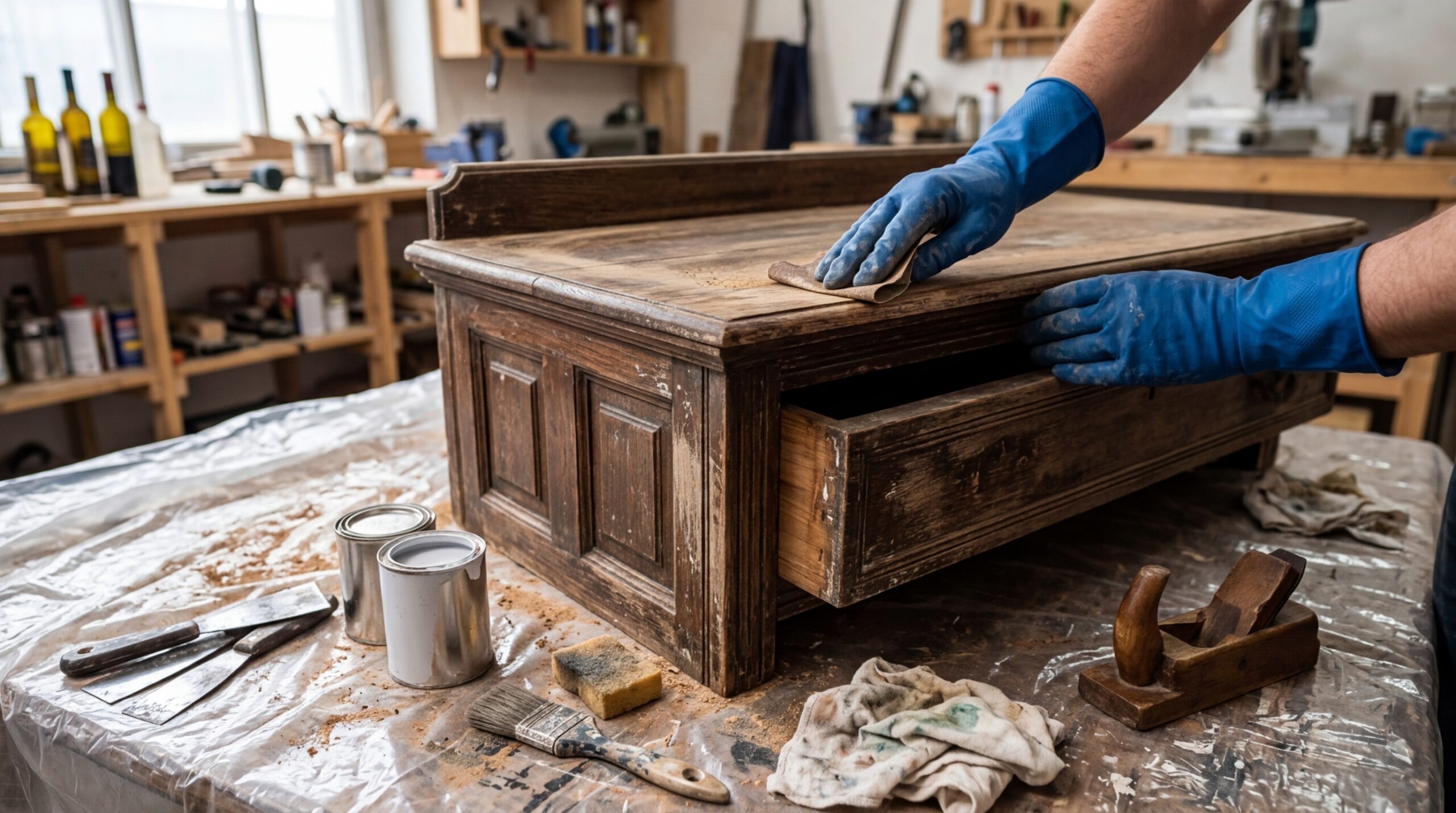 Mains gantées ponçant une vieille commode en bois Louis Philippe avec du papier de verre Mains gantées ponçant une vieille commode en bois Louis Philippe avec du papier de verre