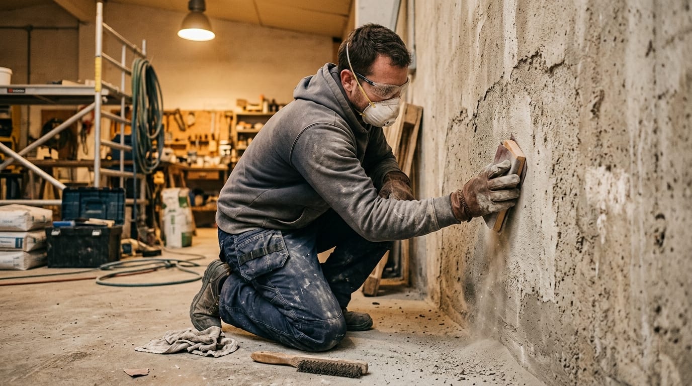 Ouvrier ponçant un mur en béton intérieur rugueux avec du papier de verre