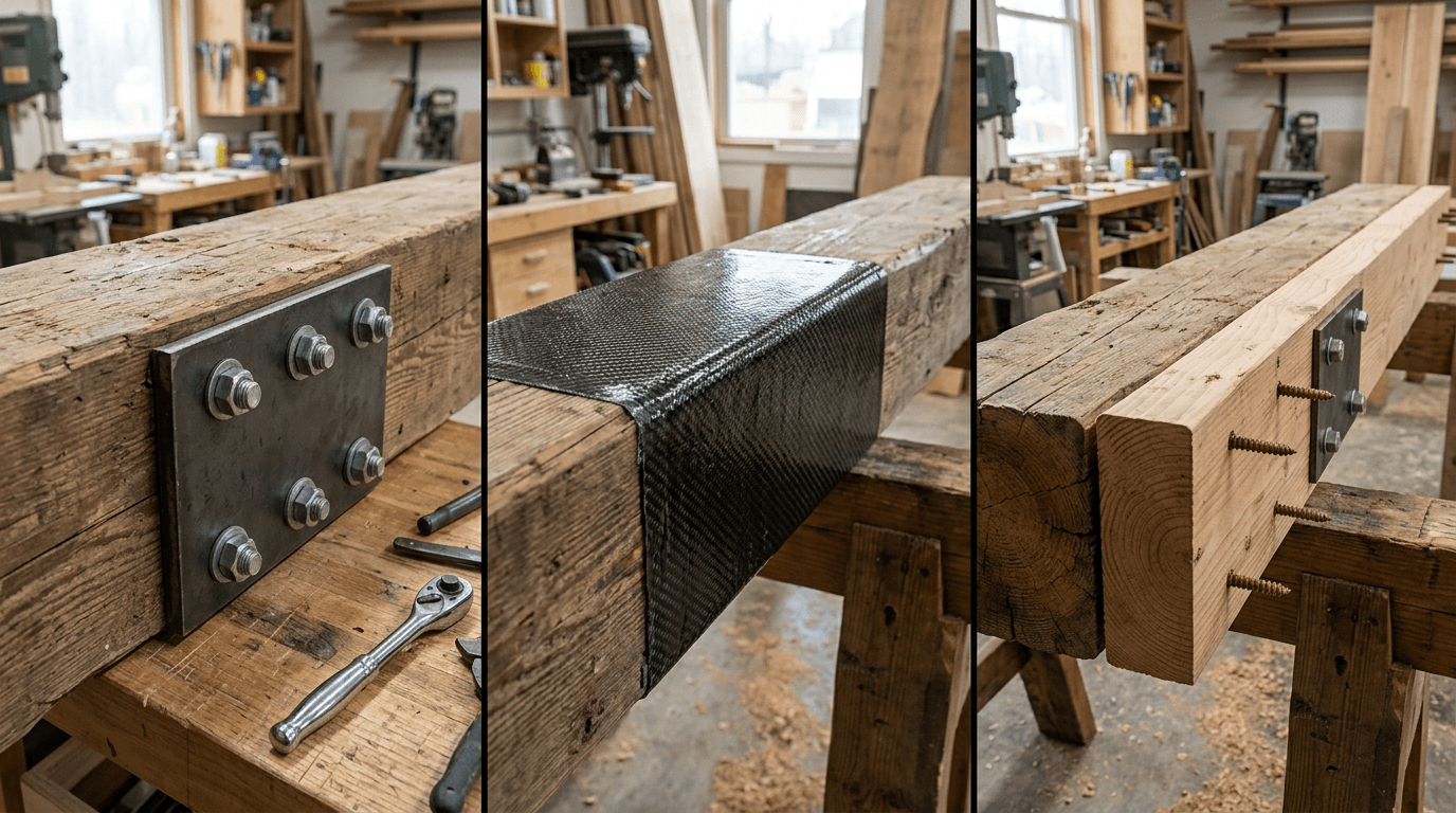 Trois méthodes de renforcement de poutre en bois : plaque métallique, fibre de carbone et poutre sœur
