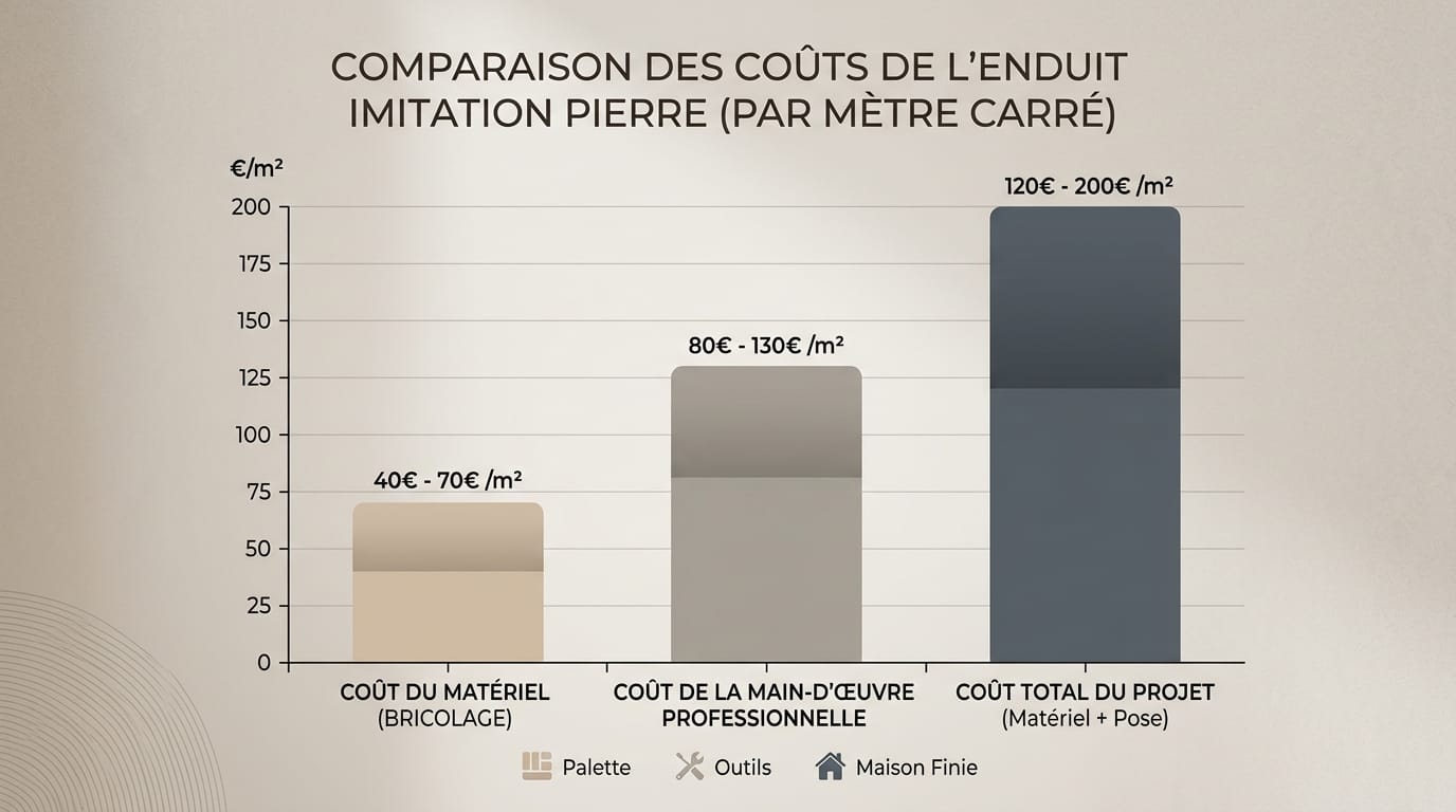 Graphique à barres comparant les coûts au m2 de l'enduit effet pierre en DIY et avec un professionnel