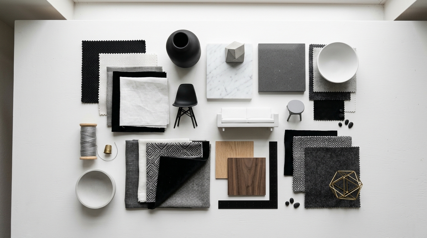 Échantillons de matériaux et miniatures de mobilier pour un intérieur noir blanc gris Échantillons de matériaux et miniatures de mobilier pour un intérieur noir blanc gris