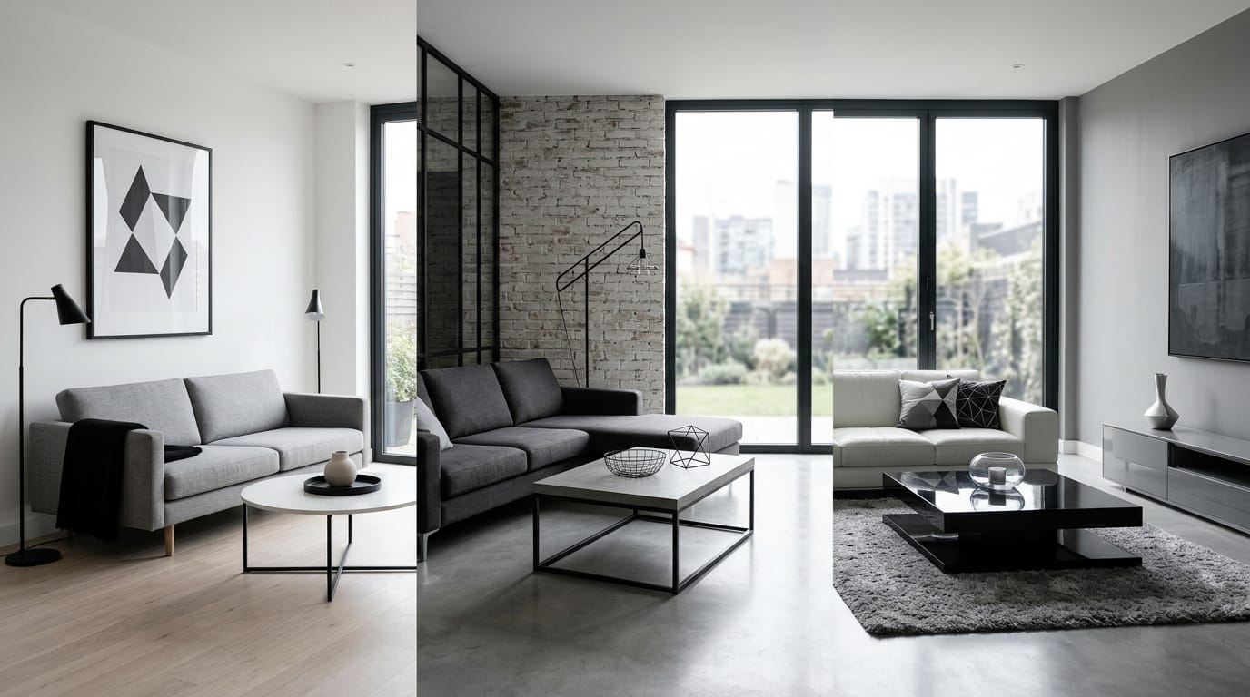 Salon moderne en noir blanc gris avec trois zones décoratives aux styles scandinave industriel et contemporain Salon moderne en noir blanc gris avec trois zones décoratives aux styles scandinave industriel et contemporain