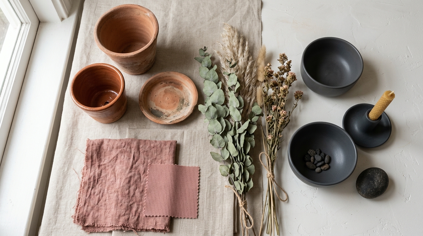 Nuancier d'intérieur avec terracotta, vert sauge, rose poudré et gris anthracite sur fond beige blanc