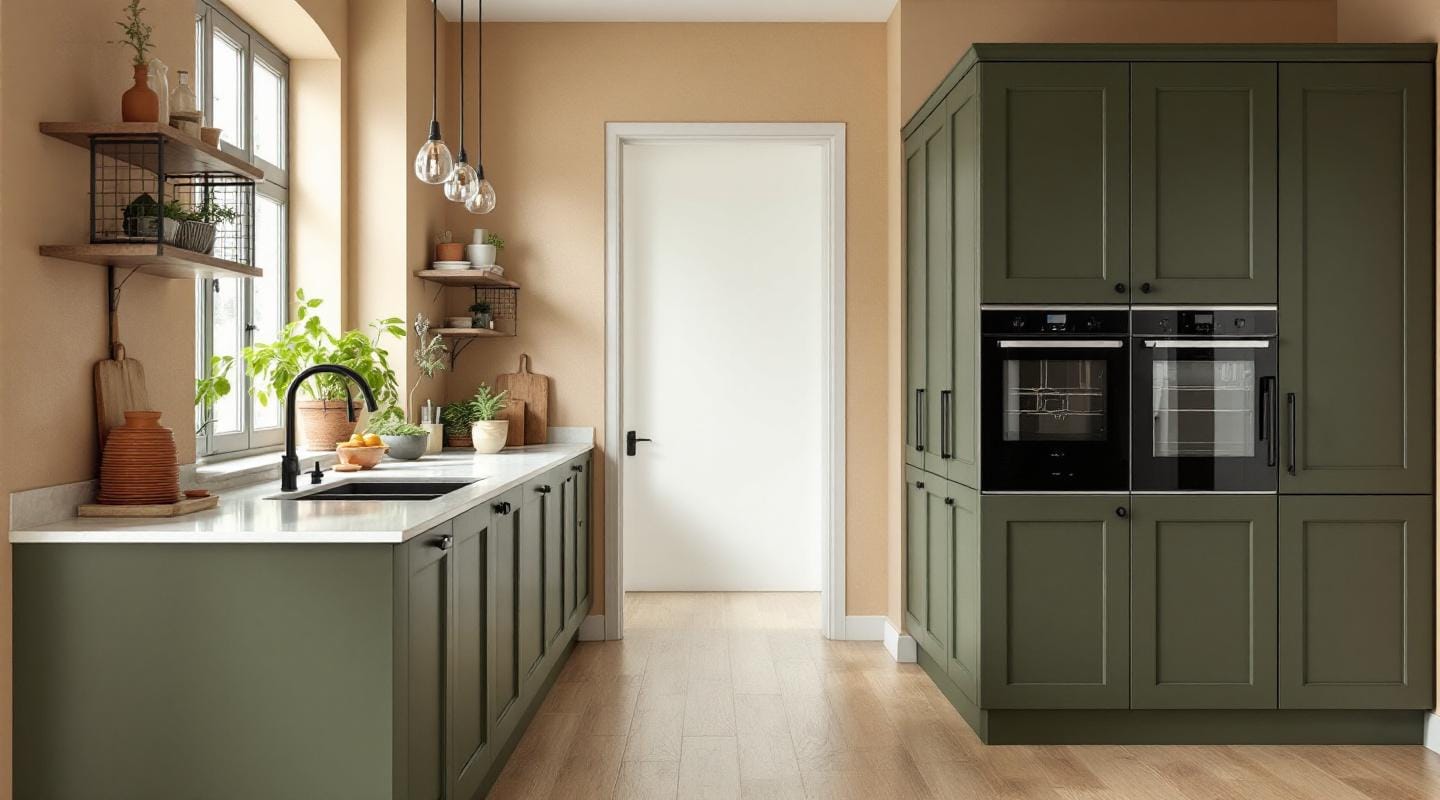 Cuisine vert olive avec murs beige chaud et accents terracotta Cuisine vert olive avec murs beige chaud et accents terracotta