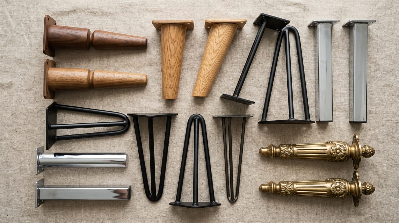 Pieds de meubles variés en bois métal laiton et chrome sur fond neutre