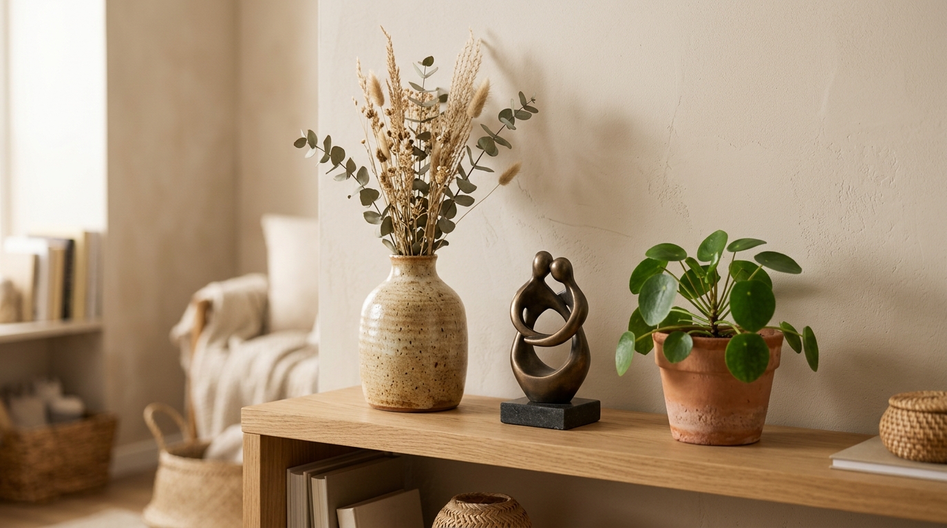 Étagère de salon avec trois objets décoratifs disposés en triangle harmonieux