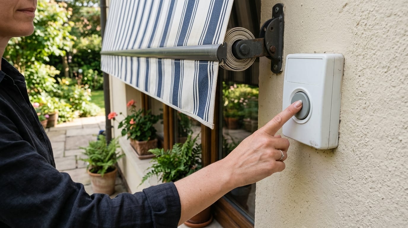 Main appuyant sur un bouton de commande murale blanche près d'un store banne rayé partiellement déployé