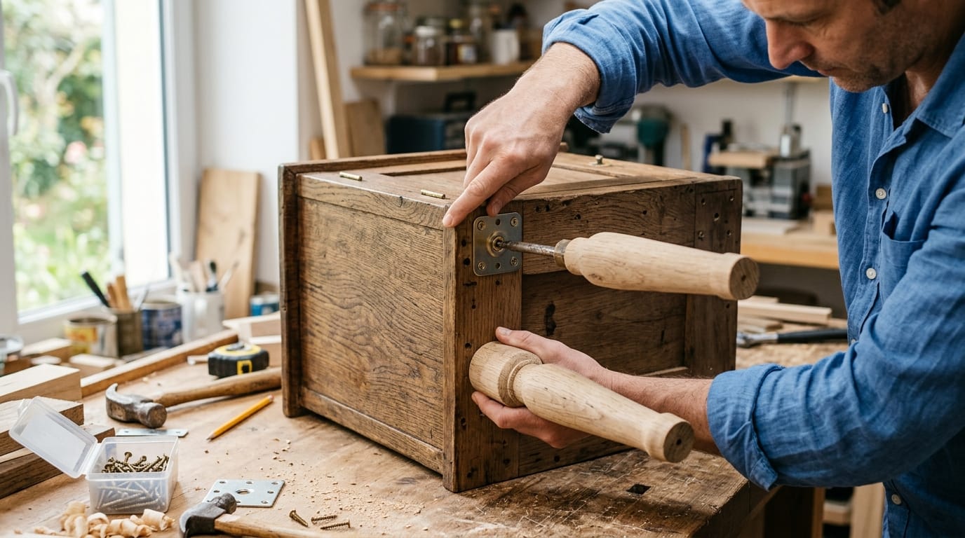 Personne fixant un pied en bois sur petit meuble avec outils simples