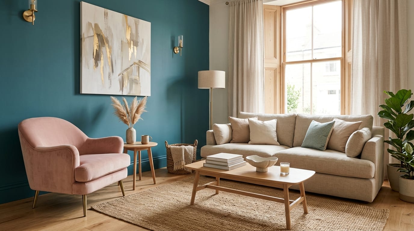 Salon moderne avec mur bleu canard et fauteuil rose poudré