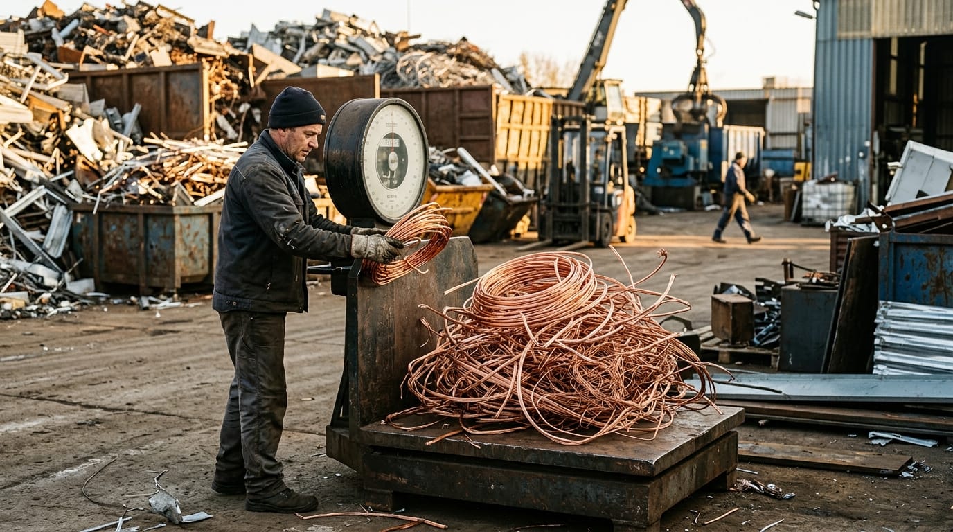Ferrailleur pesant du fil de cuivre dénudé sur une balance industrielle dans un centre de recyclage Ferrailleur pesant du fil de cuivre dénudé sur une balance industrielle dans un centre de recyclage